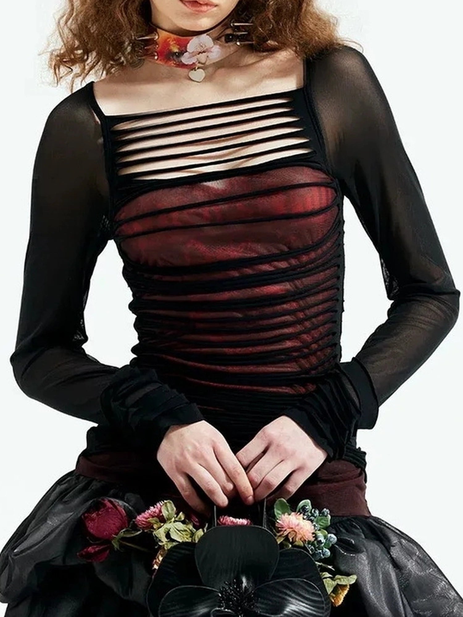 Emoha Y2k Black Witch Mesh Long Sleeve Punk Top