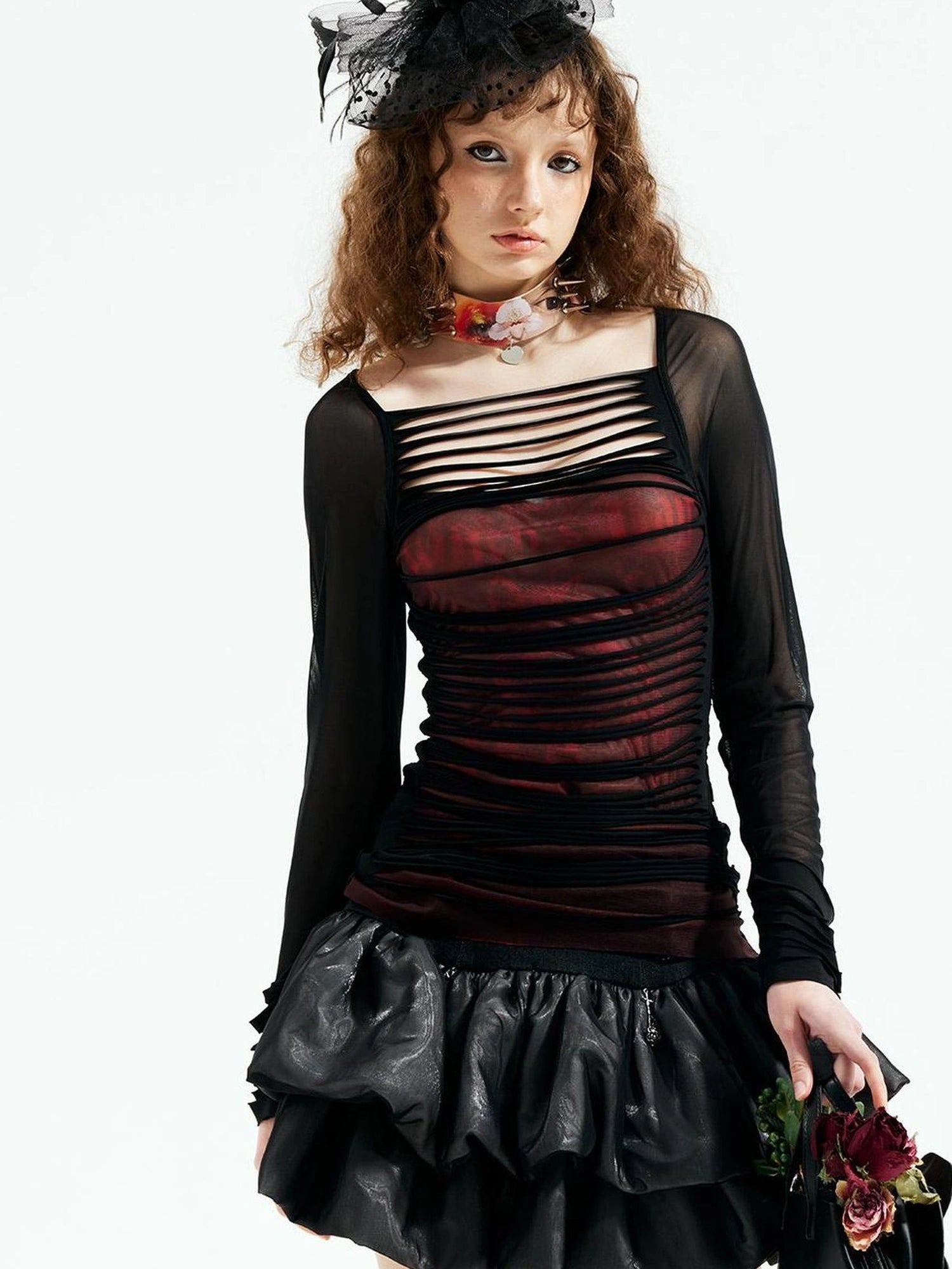Emoha Y2k Black Witch Mesh Long Sleeve Punk Top