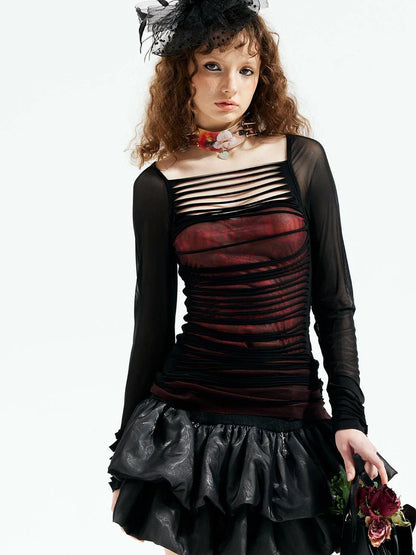 Emoha Y2k Black Witch Mesh Long Sleeve Punk Top