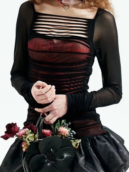 Emoha Y2k Black Witch Mesh Long Sleeve Punk Top