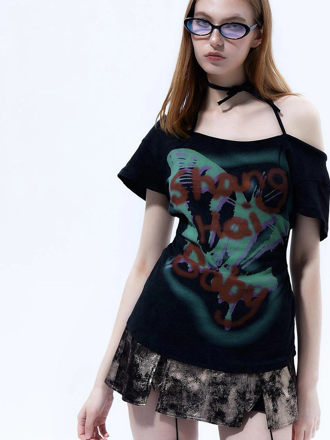 Y2k Grunge Butterfly One Shoulder Crop Tee