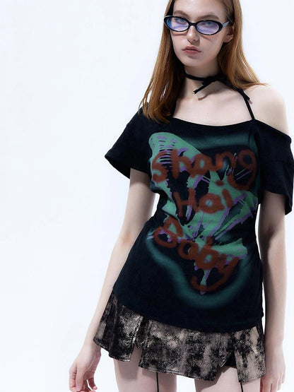 Y2k Grunge Butterfly One Shoulder Crop Tee