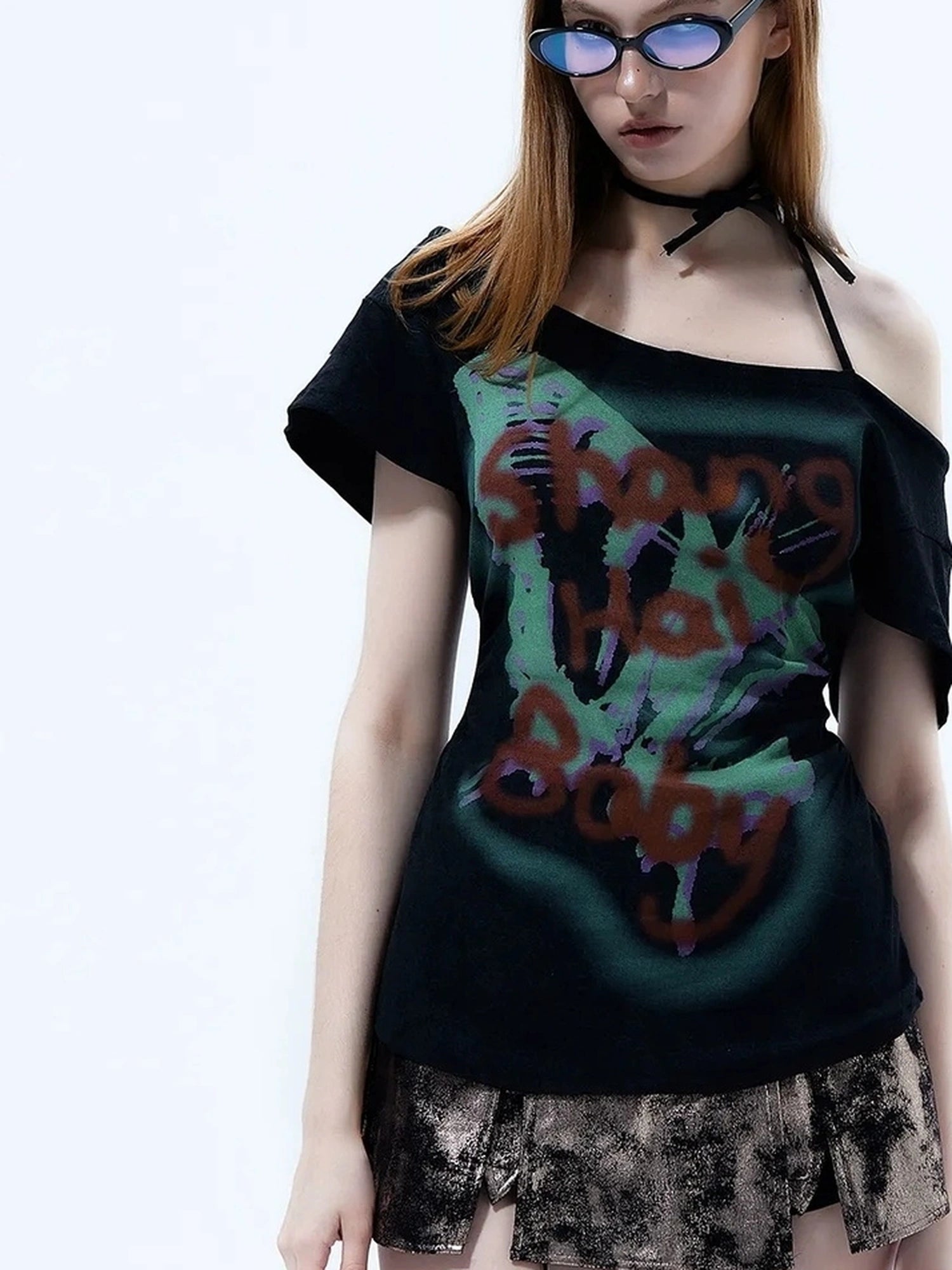 Y2k Grunge Butterfly One Shoulder Crop Tee
