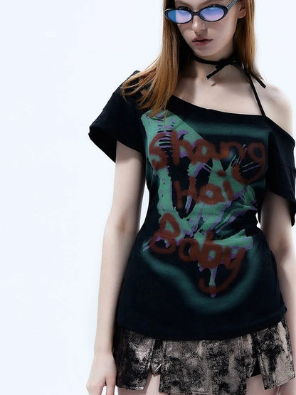Y2k Grunge Butterfly One Shoulder Crop Tee