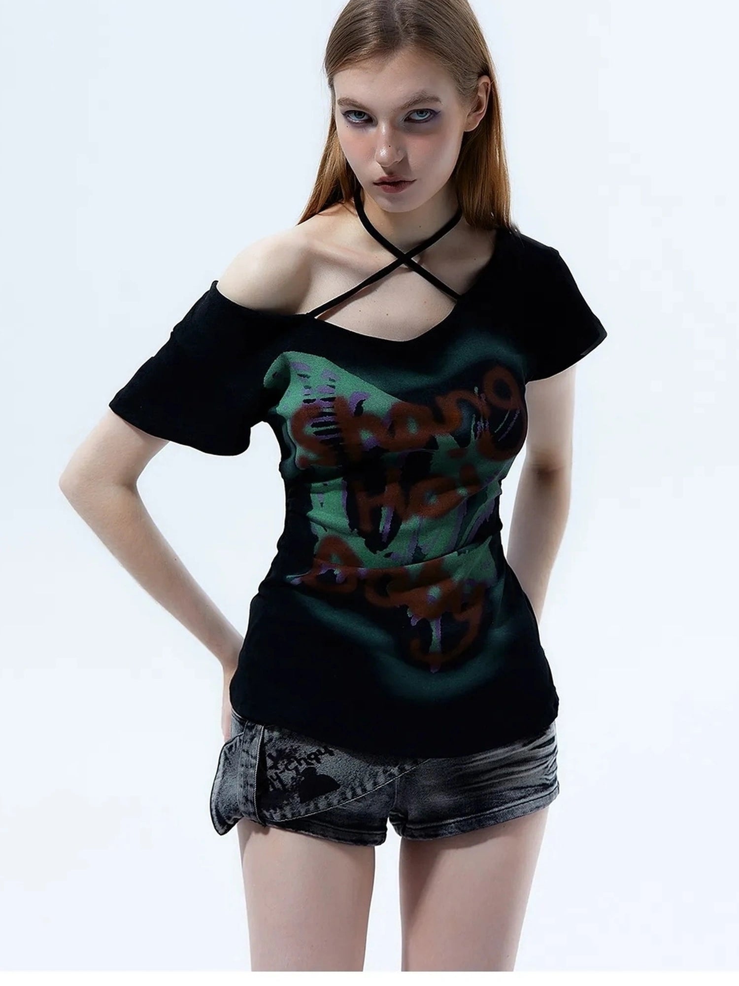 Y2k Grunge Butterfly One Shoulder Crop Tee