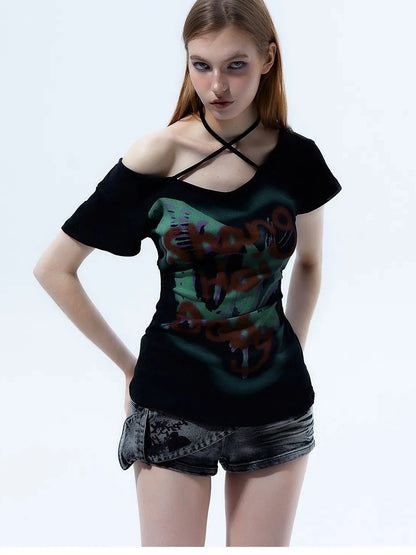 Y2k Grunge Butterfly One Shoulder Crop Tee