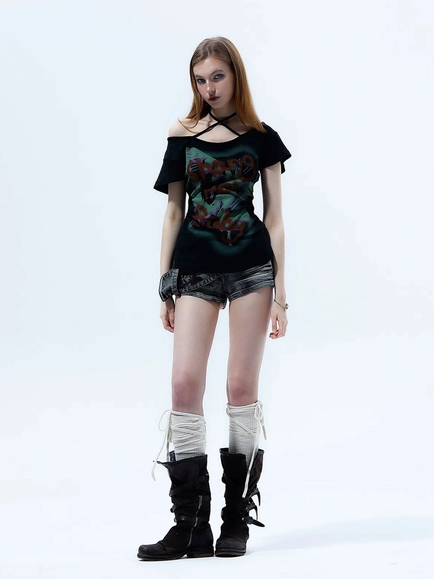 Y2k Grunge Butterfly One Shoulder Crop Tee
