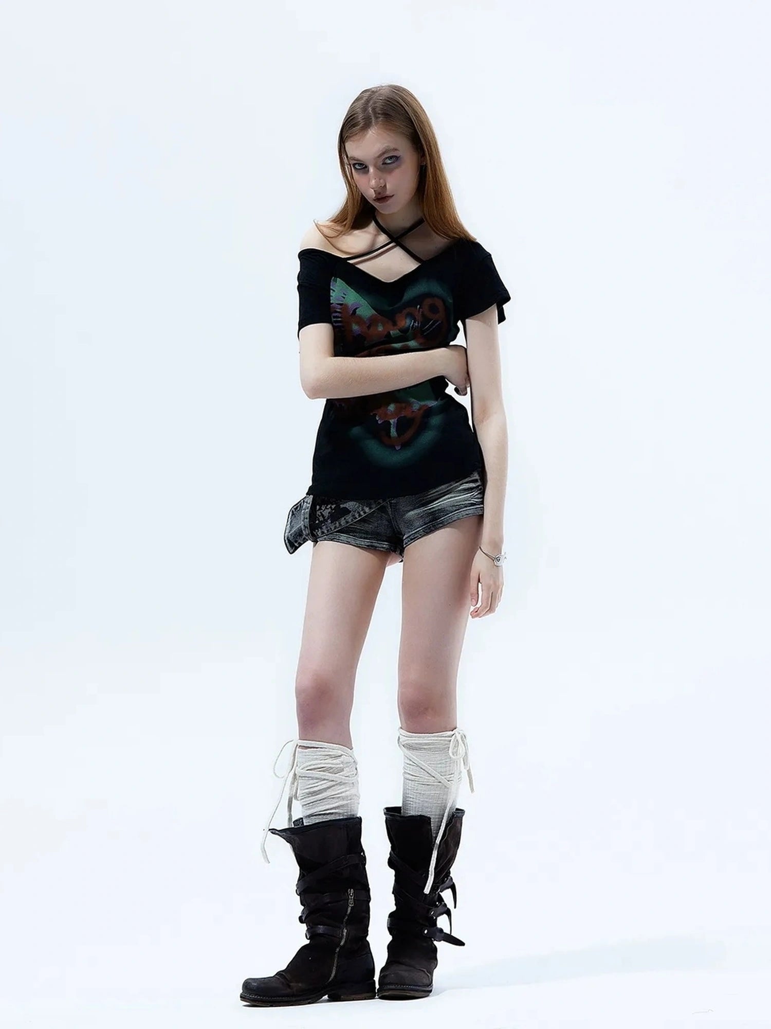 Y2k Grunge Butterfly One Shoulder Crop Tee