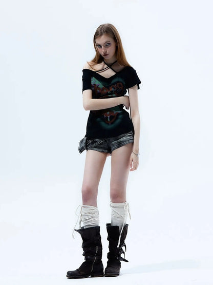 Y2k Grunge Butterfly One Shoulder Crop Tee
