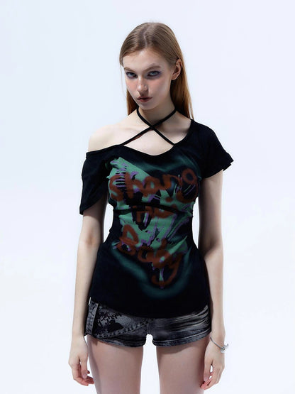 Y2k Grunge Butterfly One Shoulder Crop Tee