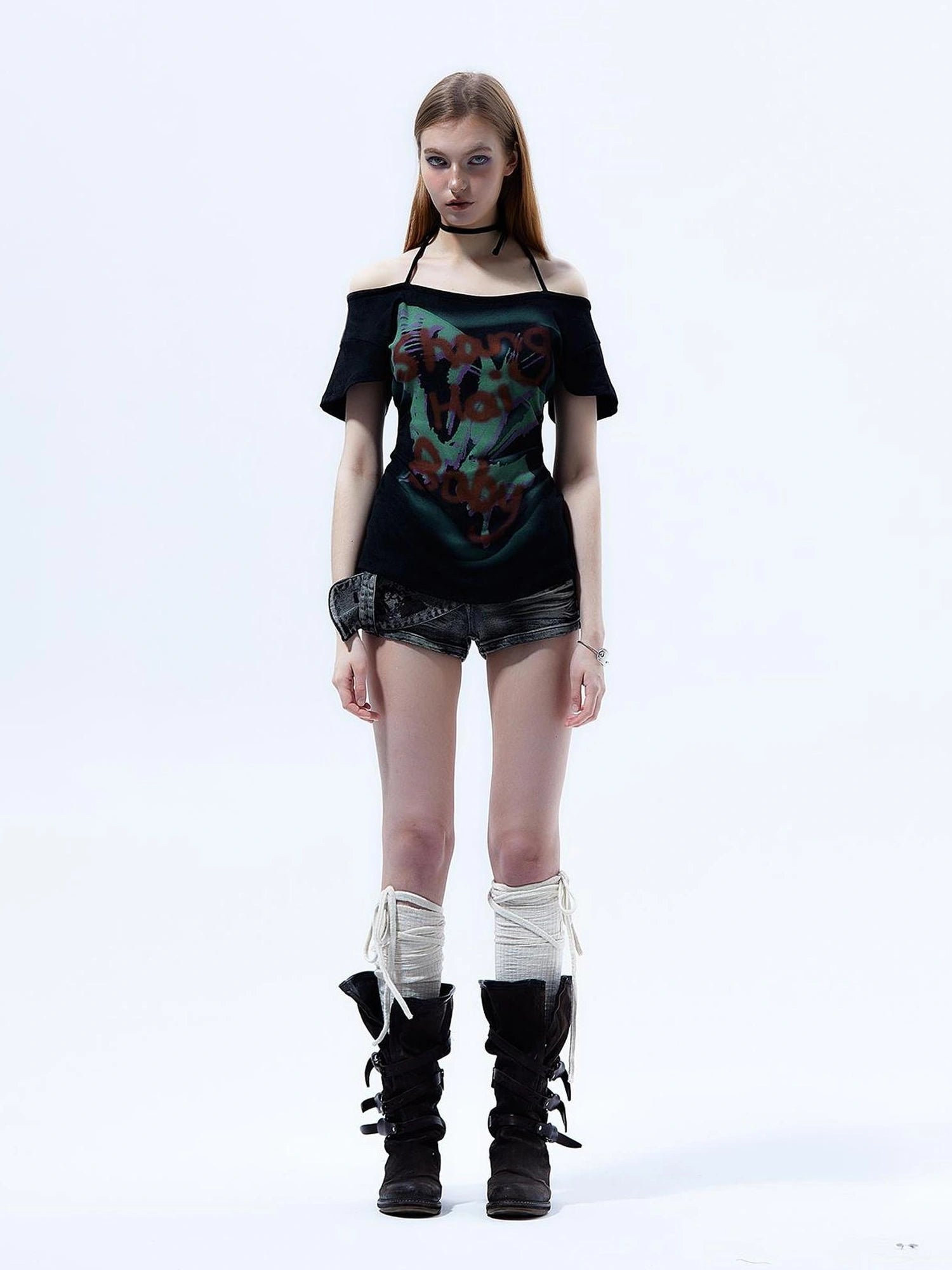 Y2k Grunge Butterfly One Shoulder Crop Tee