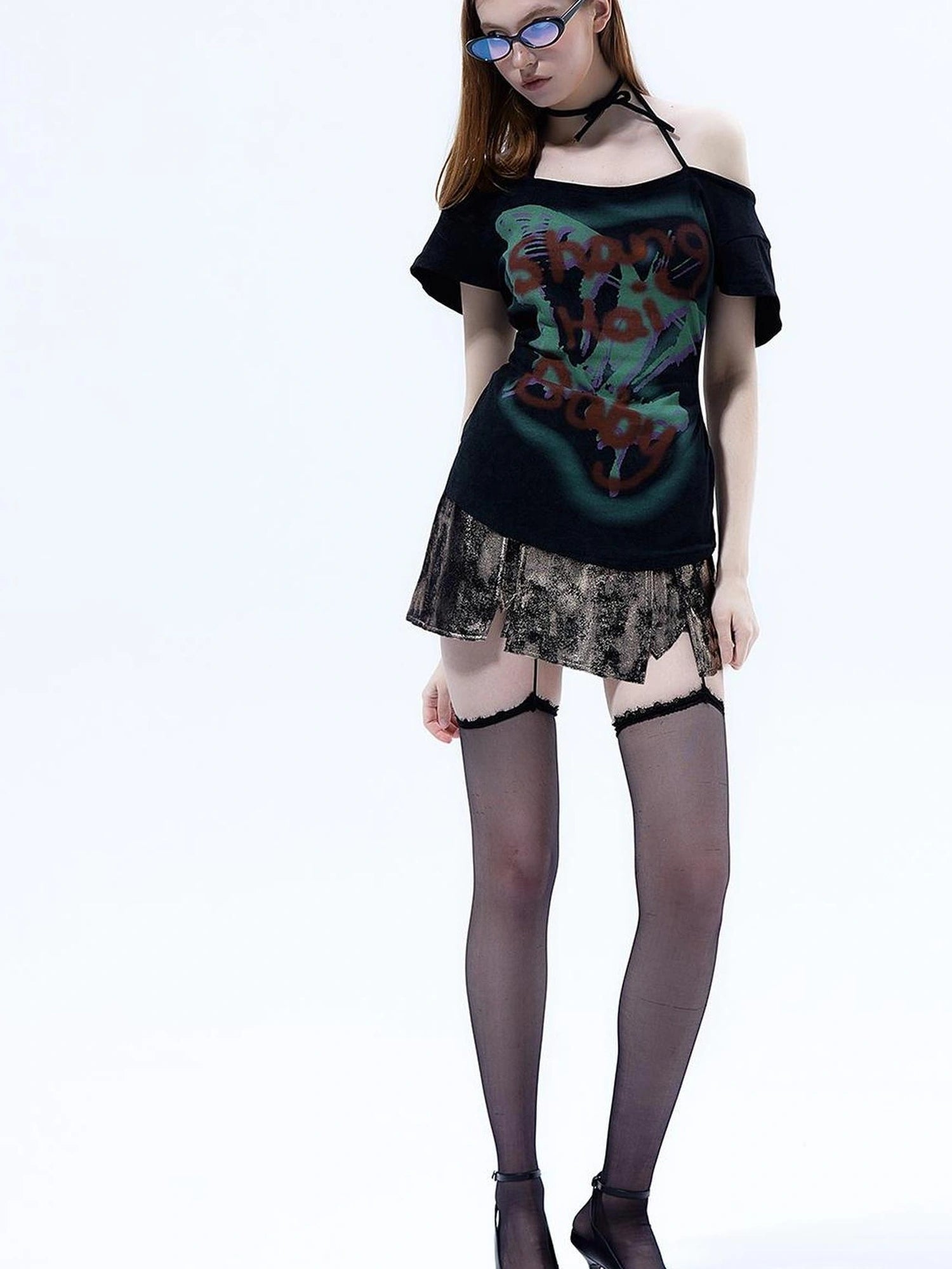 Y2k Grunge Butterfly One Shoulder Crop Tee