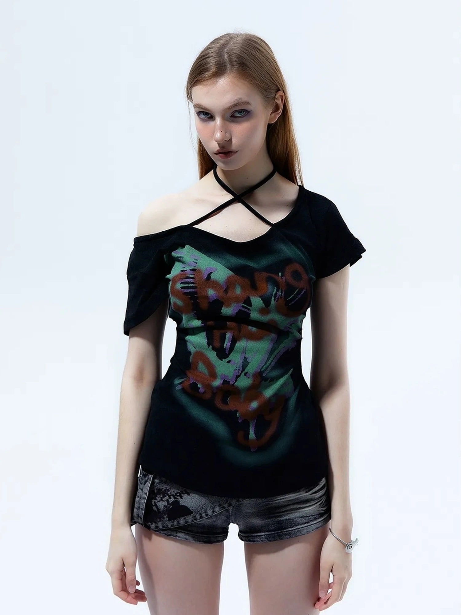 Y2k Grunge Butterfly One Shoulder Crop Tee