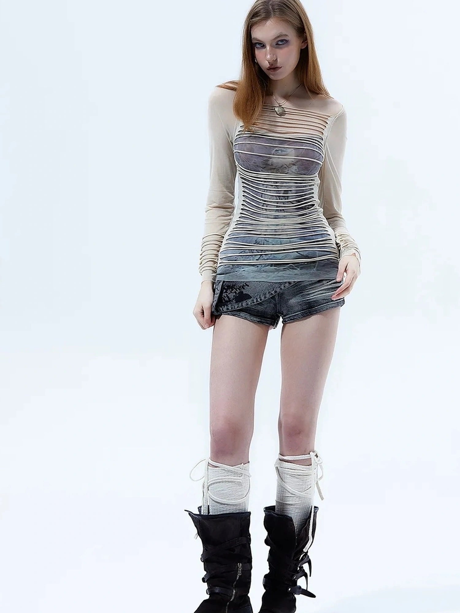Emoha Y2k Mesh Trim Long Sleeve Tee