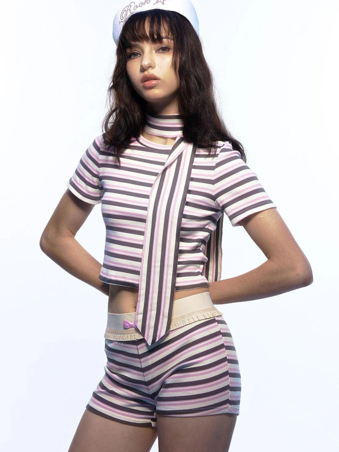 Emoha Y2k Pink Stripe Stretch Bow Cami Pants Set
