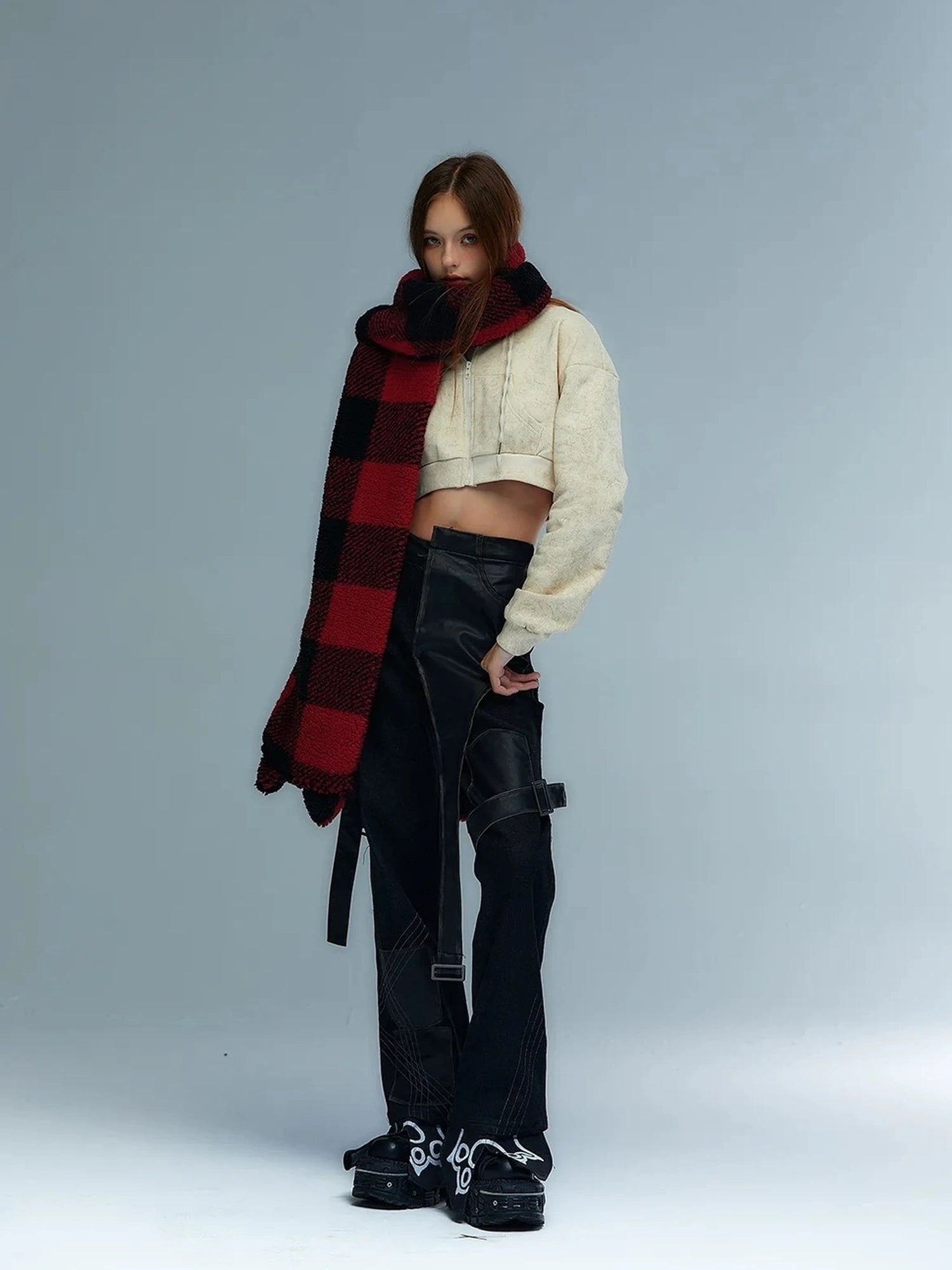 Emoha Y2k Plaid Punk Kitty Winter Scarf