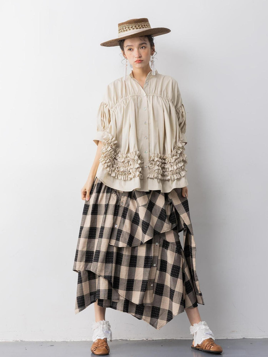 Sweet Mi Emotional Grid Deconstructed Skirt In Nature S Weave