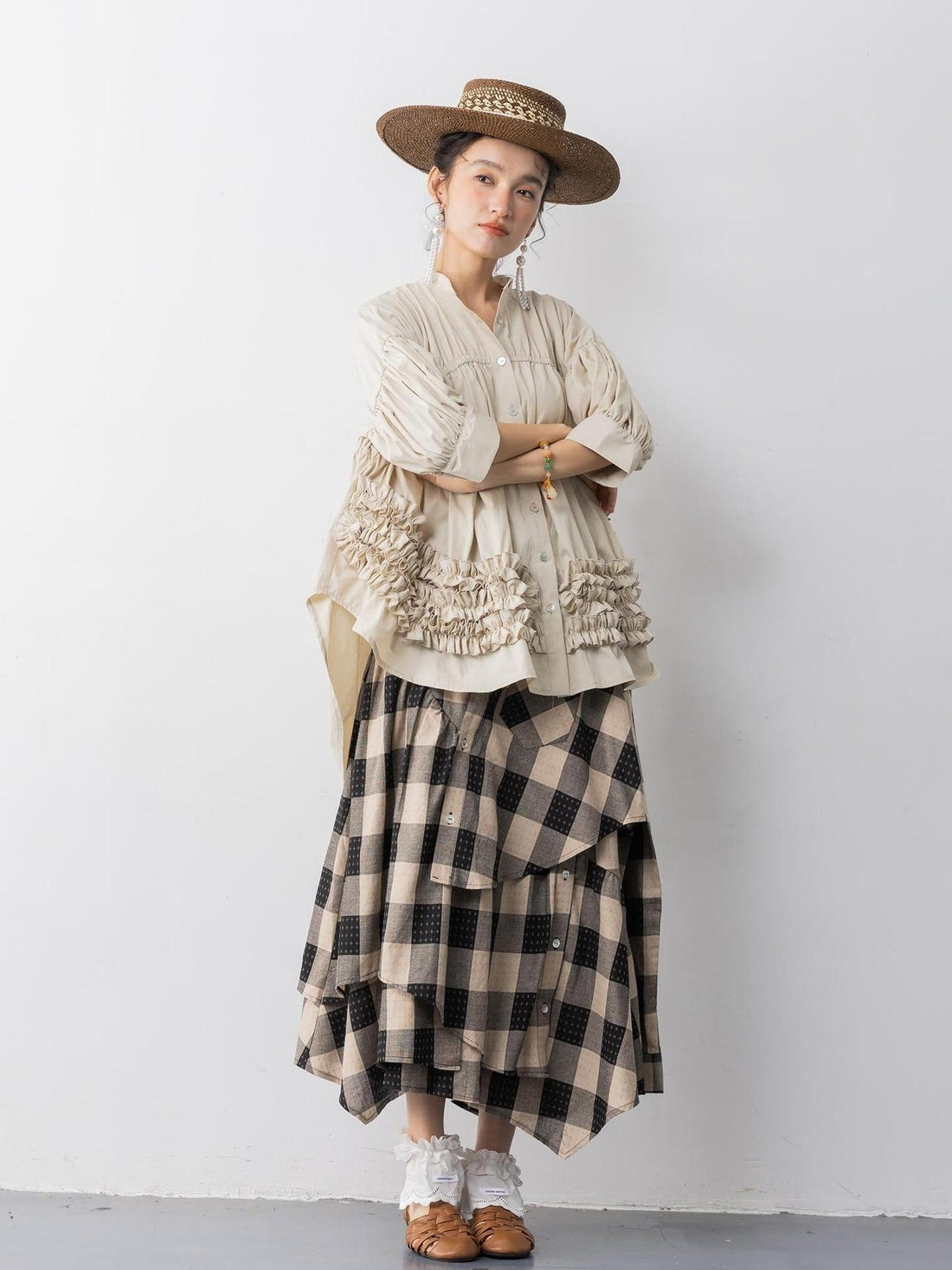 Sweet Mi Emotional Grid Deconstructed Skirt In Nature S Weave
