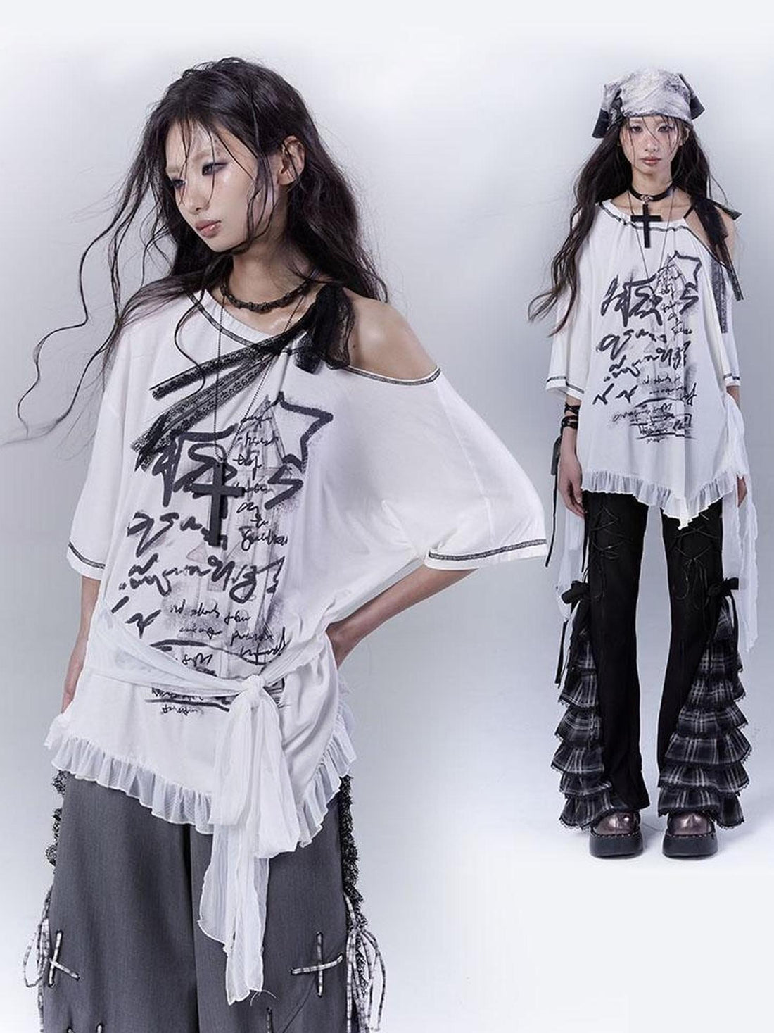 WSW WUSHENWU Ethereal Mesh Sleeve Ruffle Hem Cotton Tee For Versatile Styling