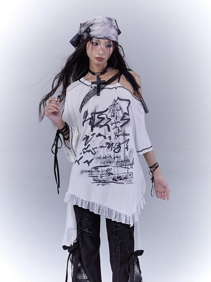 WSW WUSHENWU Ethereal Mesh Sleeve Ruffle Hem Cotton Tee For Versatile Styling