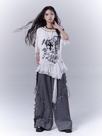 WSW WUSHENWU Ethereal Mesh Sleeve Ruffle Hem Cotton Tee For Versatile Styling