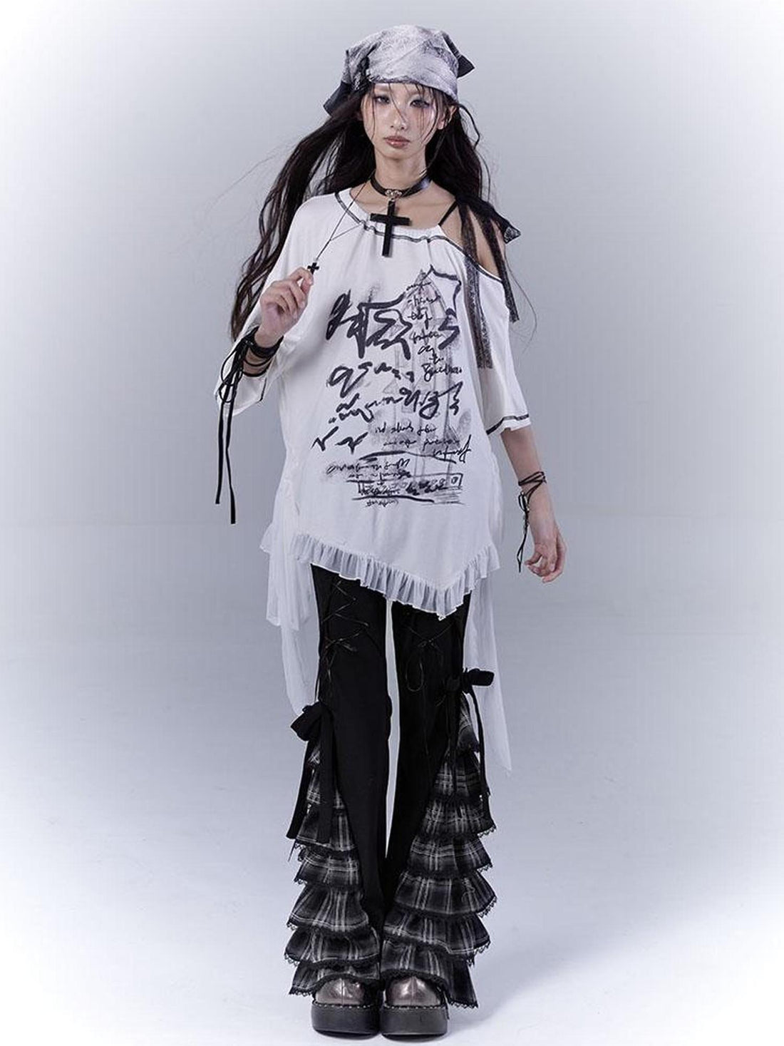 WSW WUSHENWU Ethereal Mesh Sleeve Ruffle Hem Cotton Tee For Versatile Styling