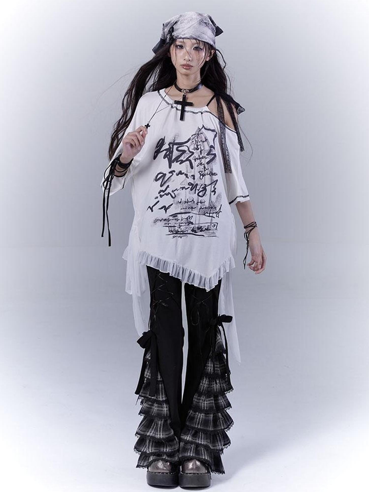 WSW WUSHENWU Ethereal Mesh Sleeve Ruffle Hem Cotton Tee For Versatile Styling