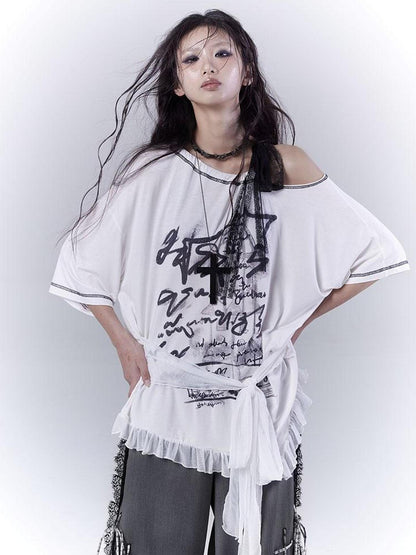 WSW WUSHENWU Ethereal Mesh Sleeve Ruffle Hem Cotton Tee For Versatile Styling