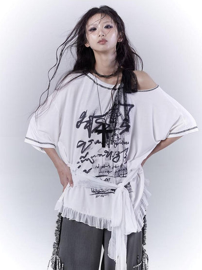 WSW WUSHENWU Ethereal Mesh Sleeve Ruffle Hem Cotton Tee For Versatile Styling
