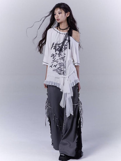 WSW WUSHENWU Ethereal Mesh Sleeve Ruffle Hem Cotton Tee For Versatile Styling