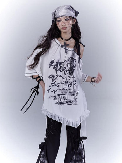WSW WUSHENWU Ethereal Mesh Sleeve Ruffle Hem Cotton Tee For Versatile Styling