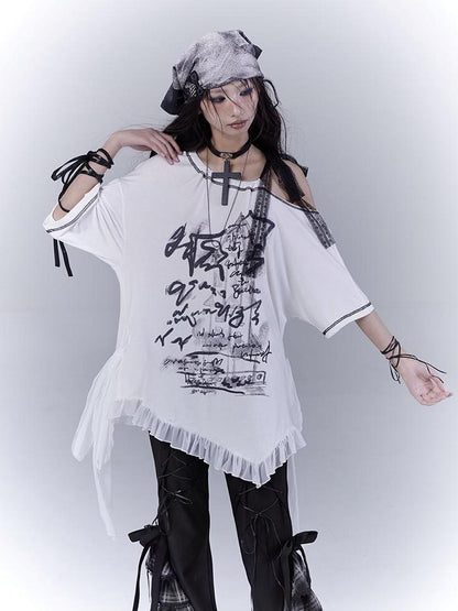 WSW WUSHENWU Ethereal Mesh Sleeve Ruffle Hem Cotton Tee For Versatile Styling