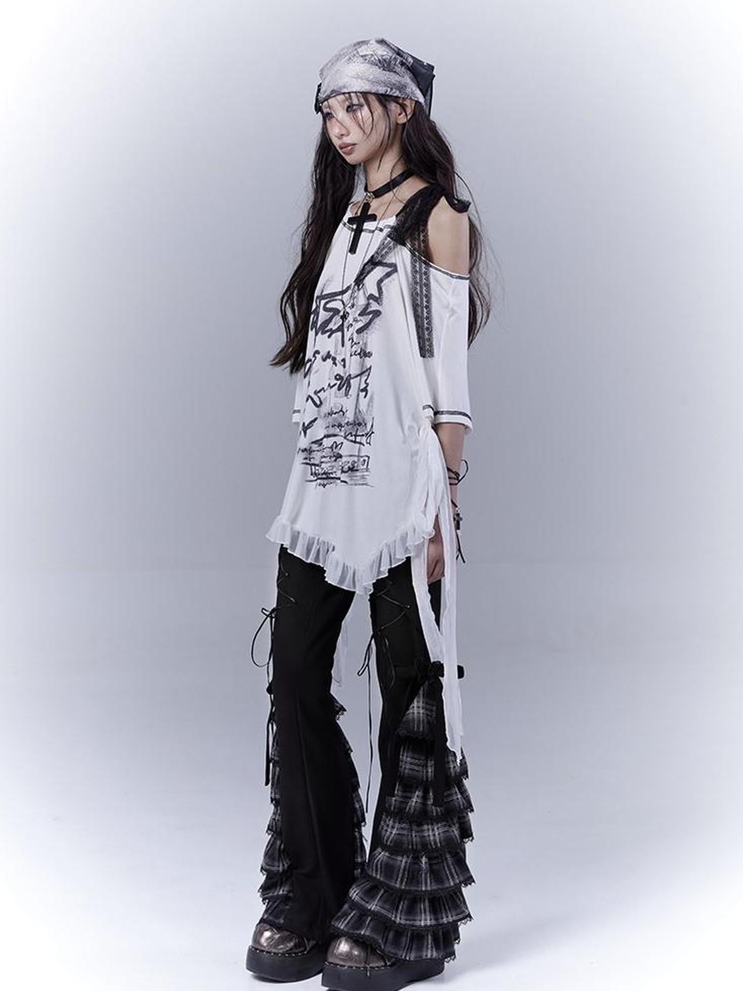 WSW WUSHENWU Ethereal Mesh Sleeve Ruffle Hem Cotton Tee For Versatile Styling