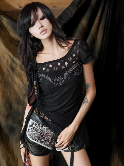 ARIADNAw Ethereal Wings Diamond Mesh Top With Leopard Print