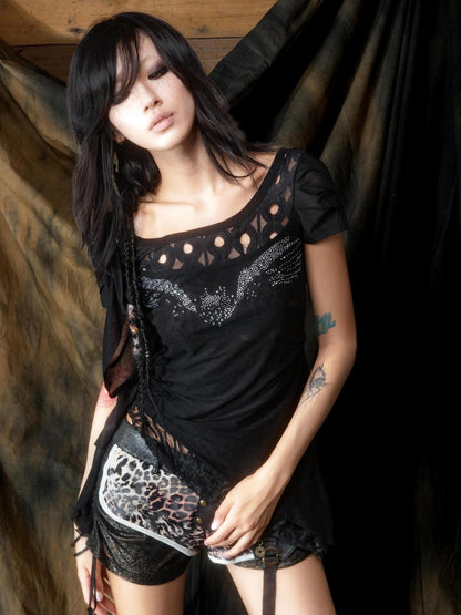 ARIADNAw Ethereal Wings Diamond Mesh Top With Leopard Print