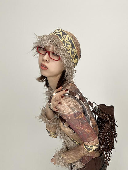 Ethnic Print Furry Winter Hat for Women