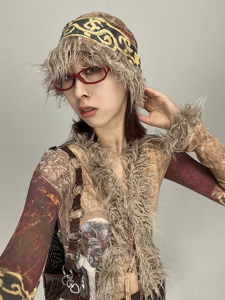 Ethnic Print Furry Winter Hat for Women