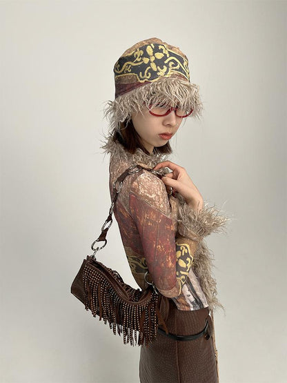 Ethnic Print Furry Winter Hat for Women
