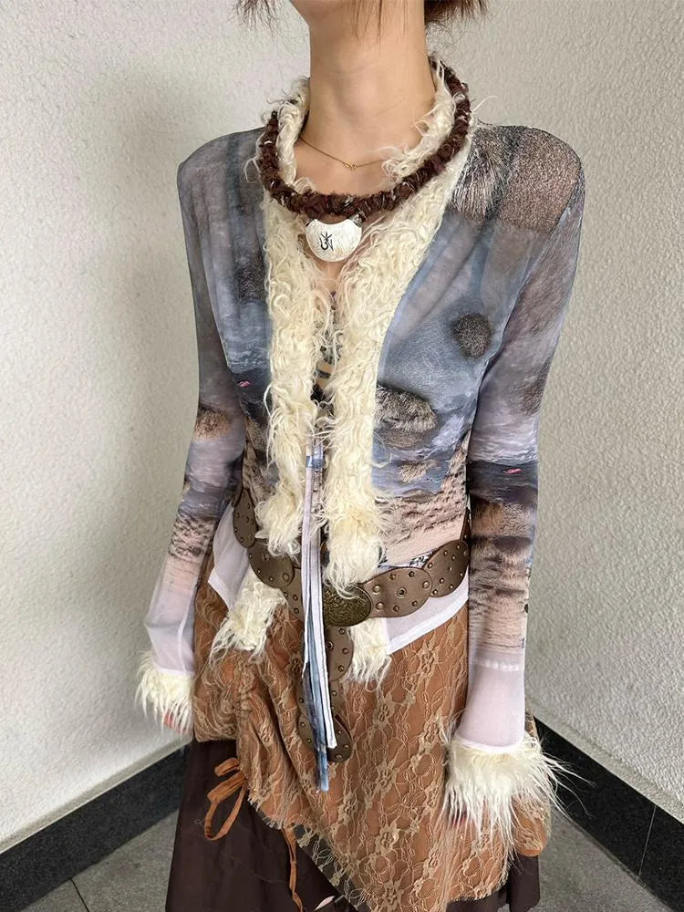 Ethnic Print Sheer Fluffy Stretch Fitted Cardigan