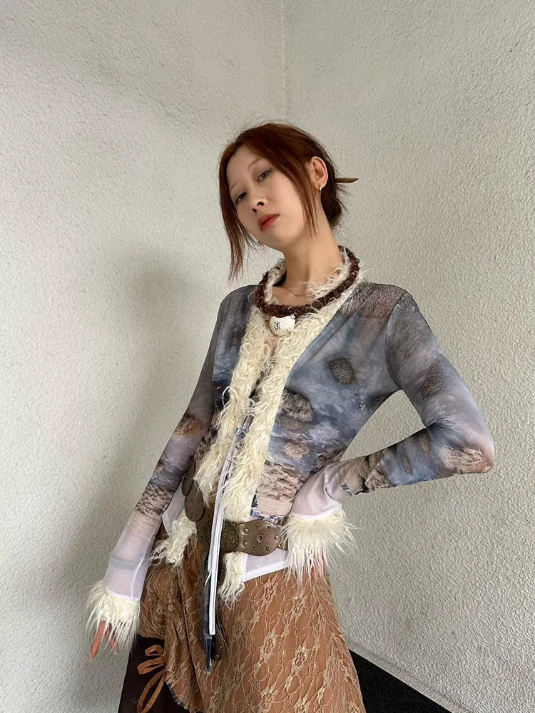 Ethnic Print Sheer Fluffy Stretch Fitted Cardigan