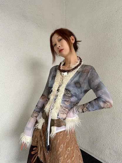 Ethnic Print Sheer Fluffy Stretch Fitted Cardigan