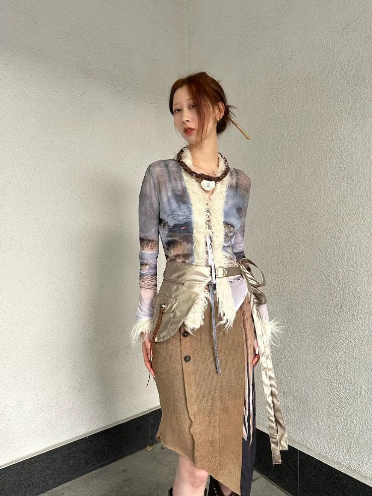 Ethnic Print Sheer Fluffy Stretch Fitted Cardigan