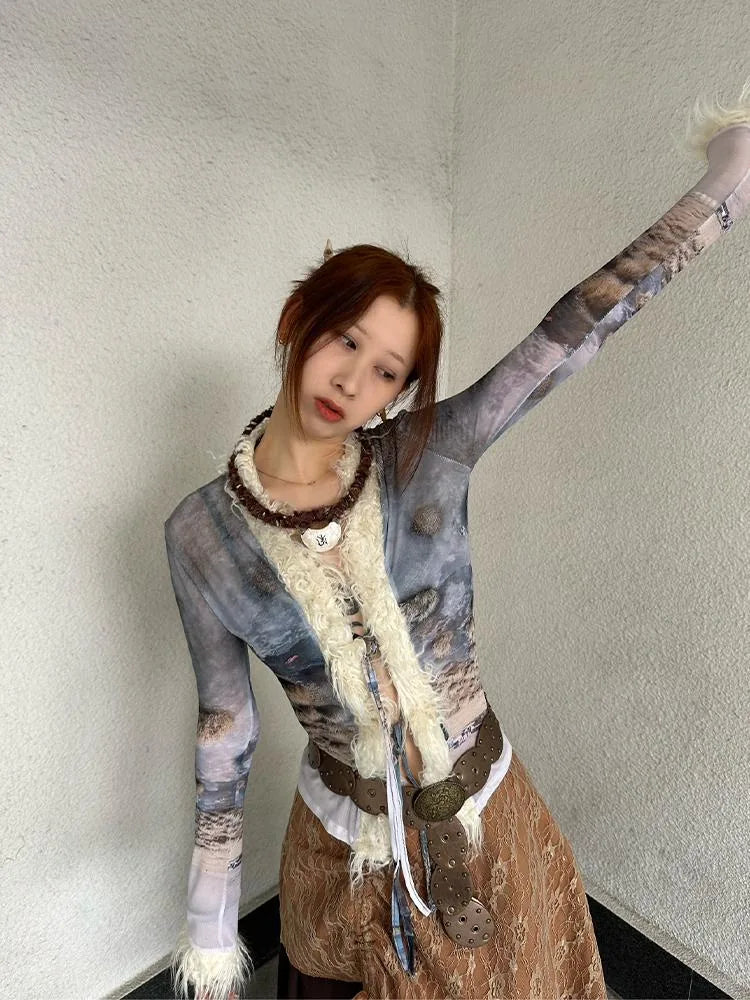 Ethnic Print Sheer Fluffy Stretch Fitted Cardigan