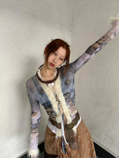 Ethnic Print Sheer Fluffy Stretch Fitted Cardigan