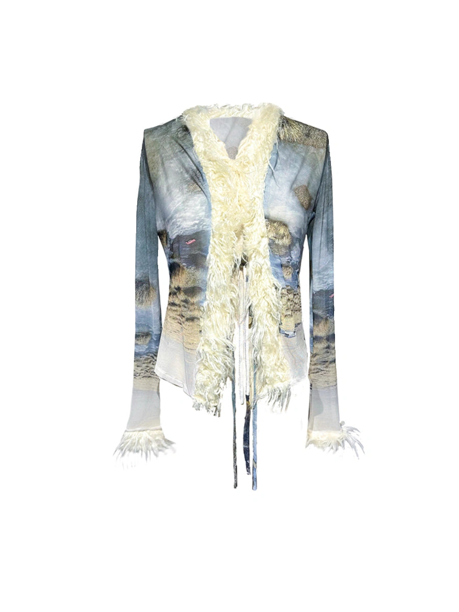 Ethnic Print Sheer Fluffy Stretch Fitted Cardigan