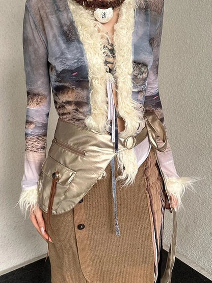 Ethnic Print Sheer Fluffy Stretch Fitted Cardigan