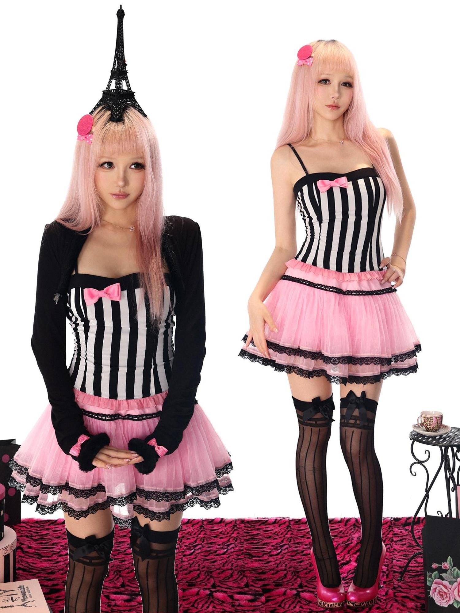 Evil Tooth Black And White Striped Bow Fitted Cropped Women&