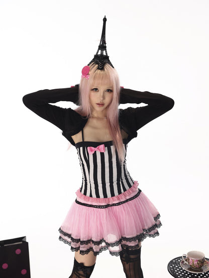 Evil Tooth Black And White Striped Bow Fitted Cropped Women&