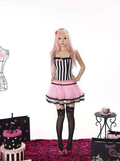 Evil Tooth Black And White Striped Bow Fitted Cropped Women&