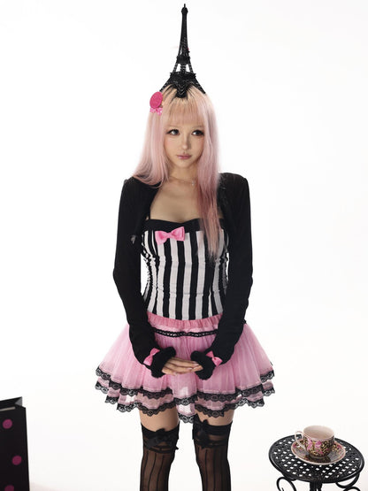 Evil Tooth Black And White Striped Bow Fitted Cropped Women&
